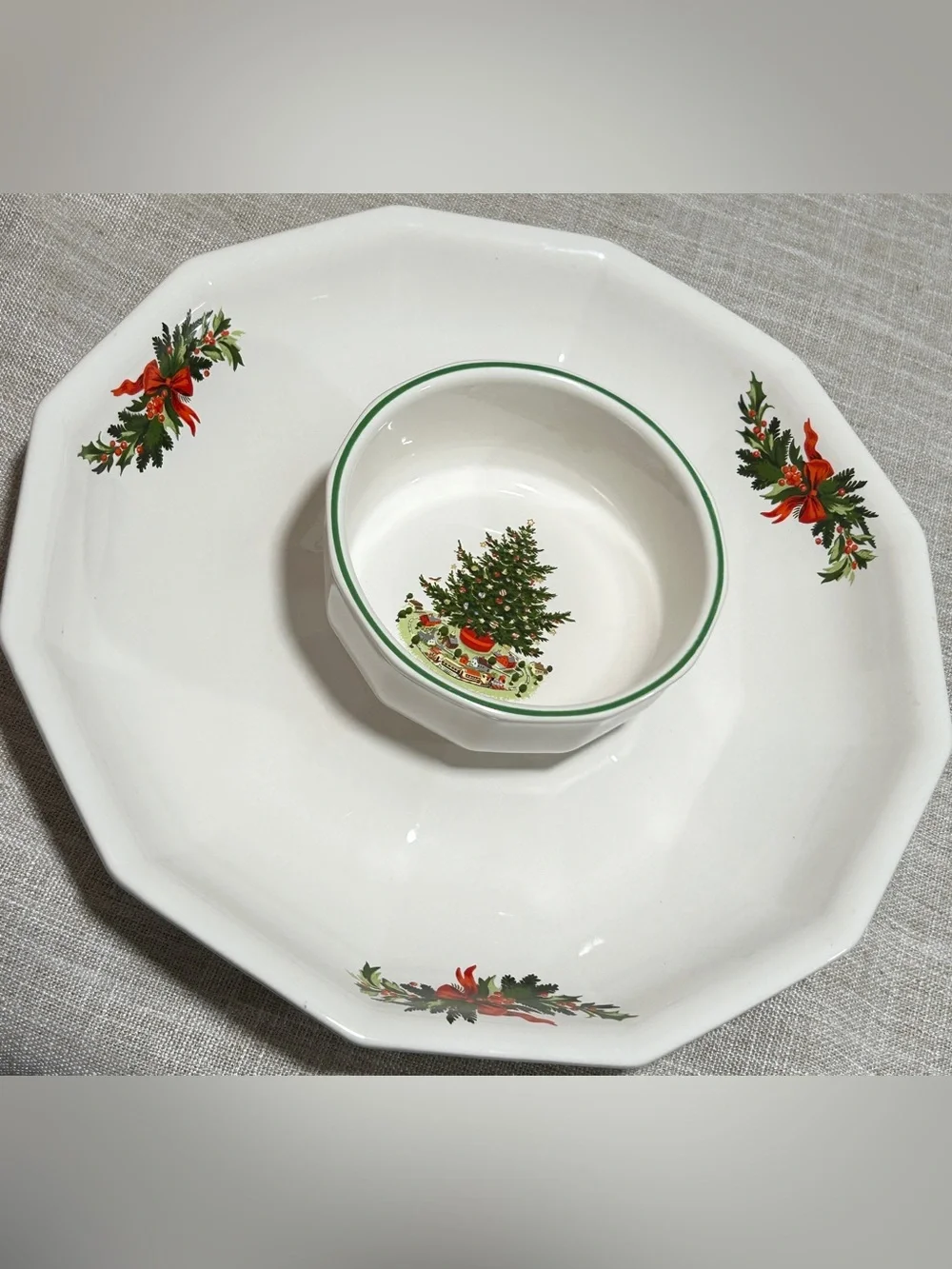 Pfaltzgraff White Chip & Dip Set with Green and Red Holiday Tree Motif